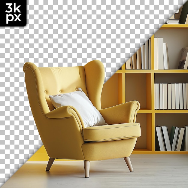 a yellow chair with a pillow on it and a white pillow on the back