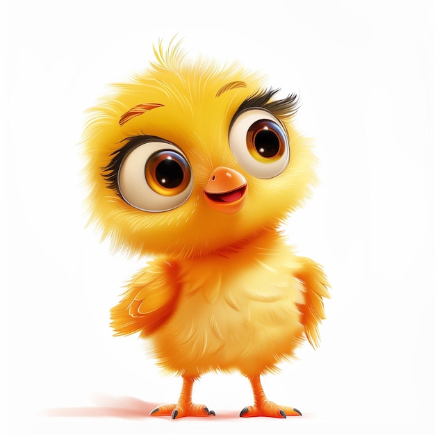 a yellow chicken with big eyes and a black eye