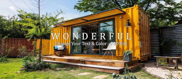 PSD yellow container home with wooden deck