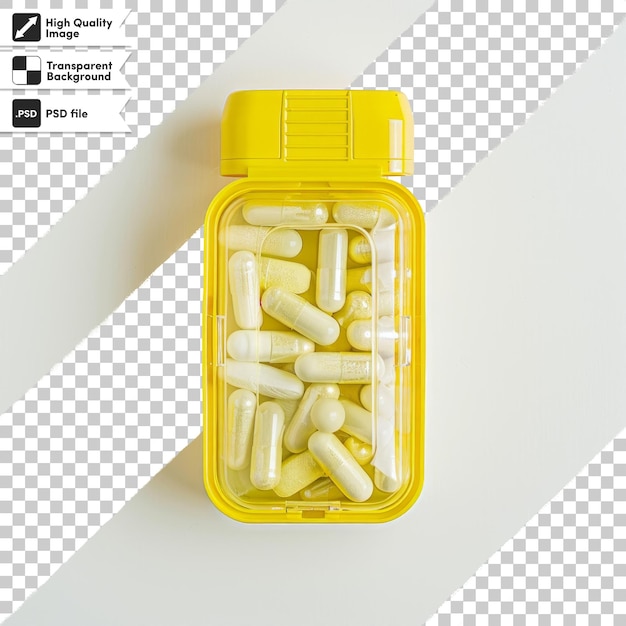 PSD a yellow container with pills in it and a picture of capsules