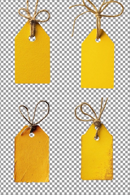 PSD yellow craft paper tag with twine bright and creative hyperrealistic isolated png with clear transp