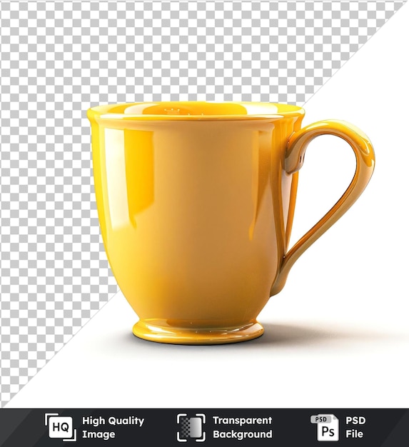 A yellow cup with curved handle on transparent background casting dark shadow