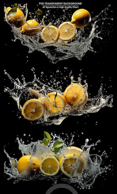 yellow cut fresh lemons with clear water splash and drops