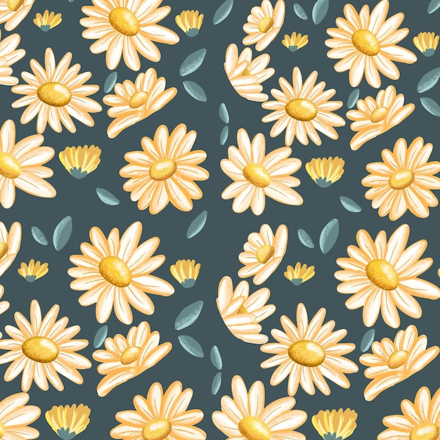 Yellow Daisy flower seamless pattern with Variations of shapes and additional leaves in it