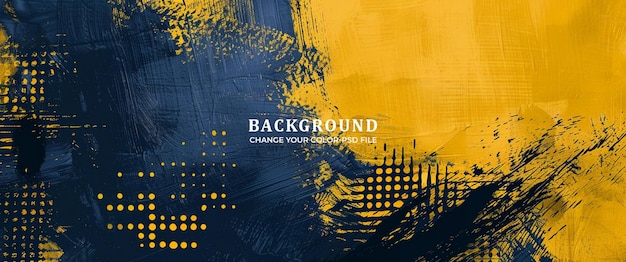 A yellow and dark blue background with halftone dots in the lower right corner creating an abstract