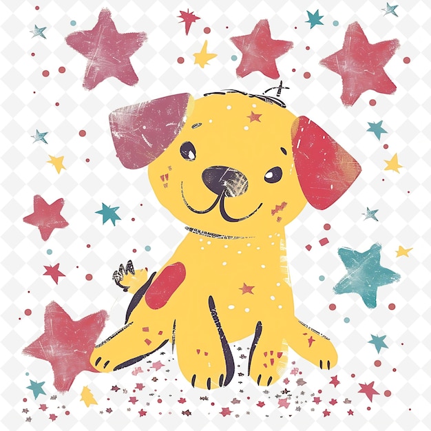 a yellow dog with a red spot on its head is sitting in the snow with stars and stars