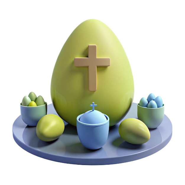 a yellow egg with a cross on it sits in a group of eggs