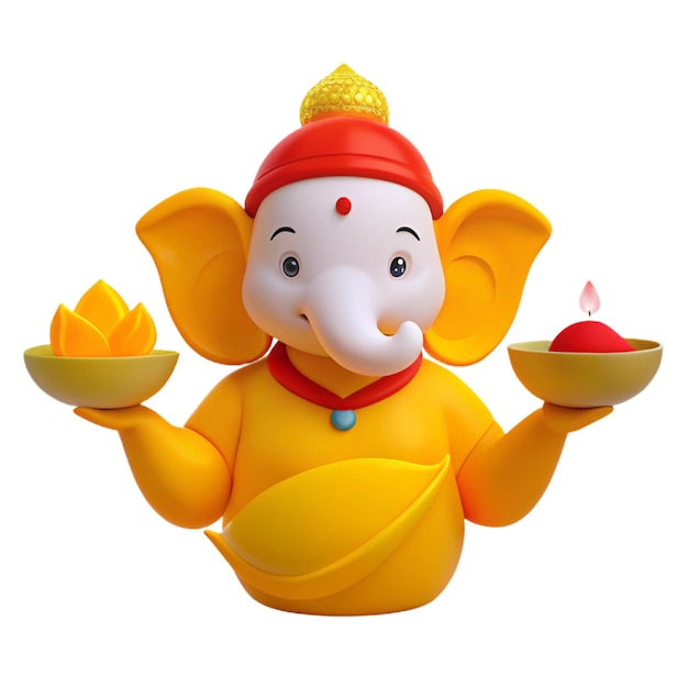 PSD a yellow elephant statue with a red hat and a bowl of fruit on it