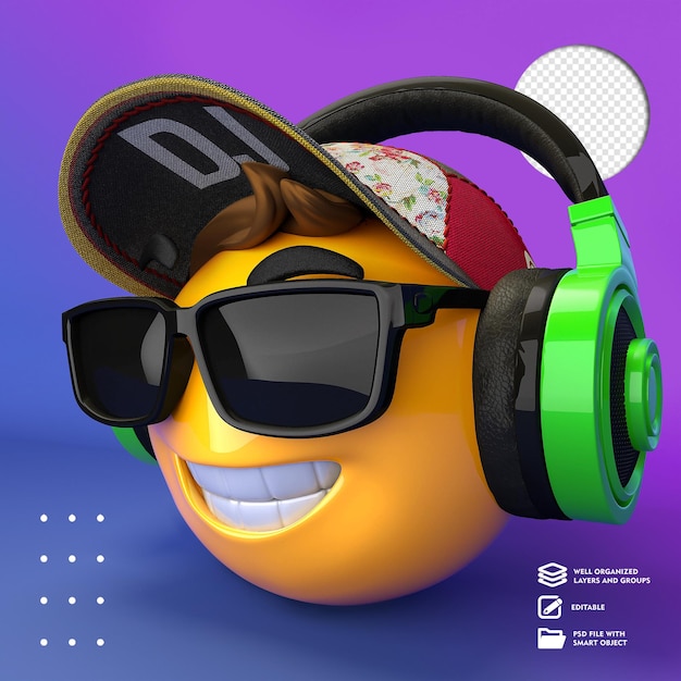 Yellow emoji with cap glasses and headphones