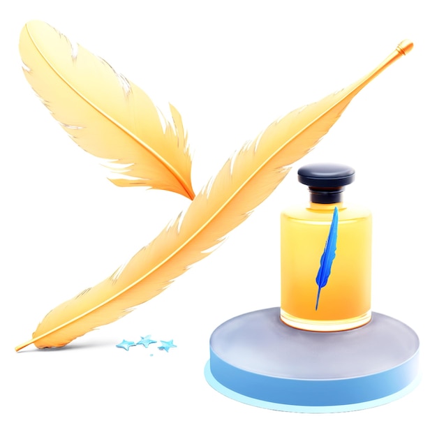 a yellow feather next to a yellow feather and a pencil