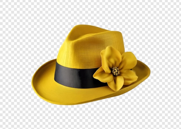 PSD yellow fedora hat with floral detail isolated on a transparent background