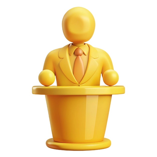 a yellow figure of a man speaking at a podium