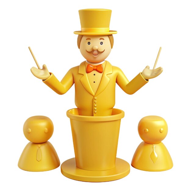 a yellow figurine with two small ducks on top of it