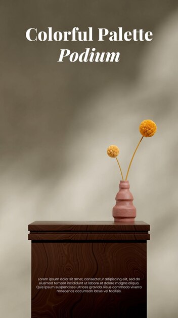 PSD yellow flower and red vase 3d render empty scene brown wood table podium in portrait