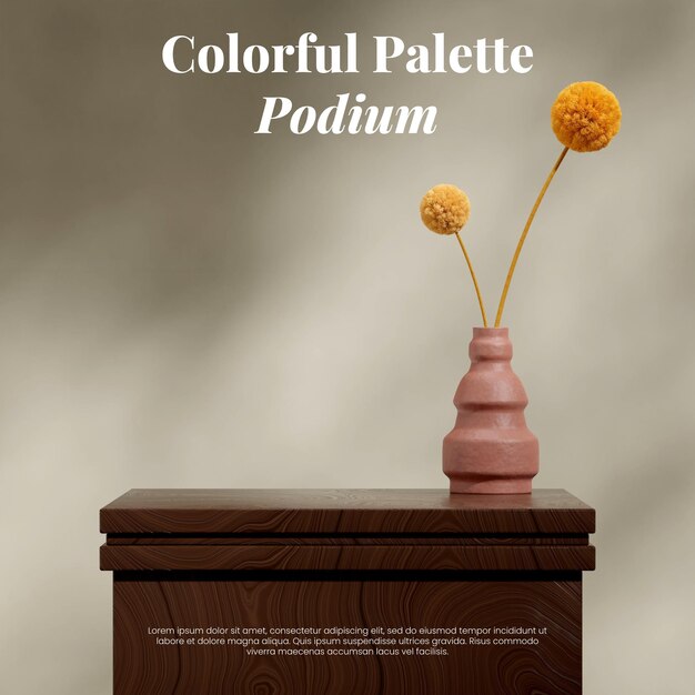 PSD yellow flower and red vase 3d render empty scene brown wood table podium in square