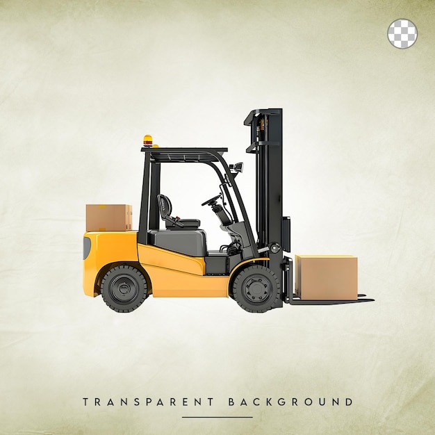 PSD yellow forklift lifting a box isolated on transparent background