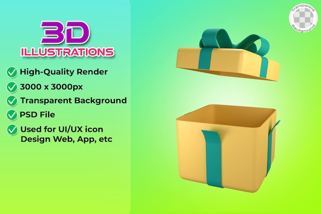 Yellow gift box open with ribbon 3d render modern holiday surprise box