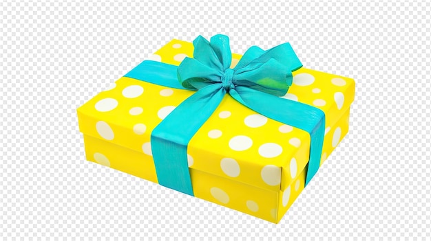 a yellow gift with a blue ribbon on it