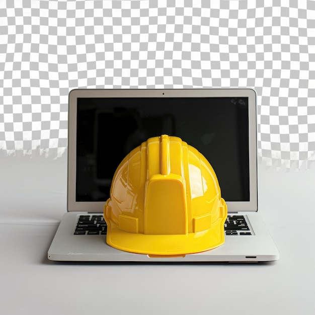 a yellow hard hat is on a laptop with a yellow helmet on it