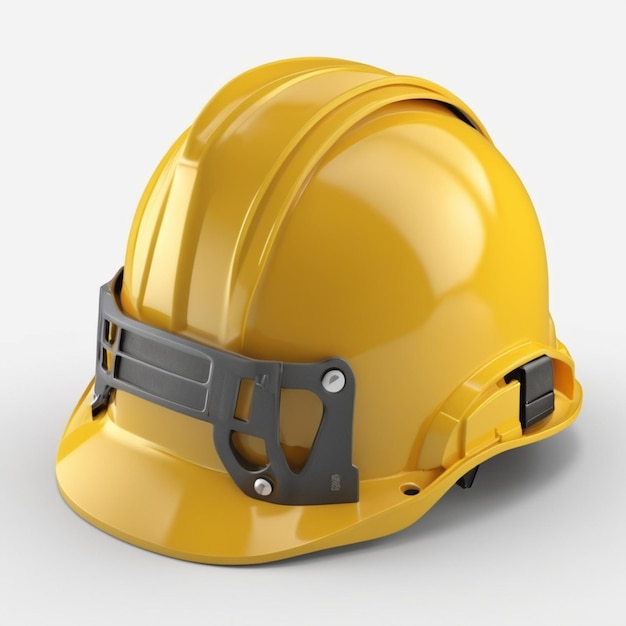 a yellow hard hat with a black handle and a black strap