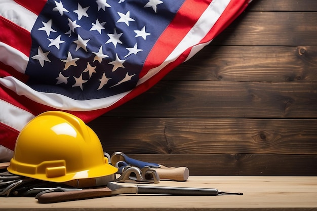 PSD a yellow hard hat and a yellow hard hat with a blue helmet on a wooden table