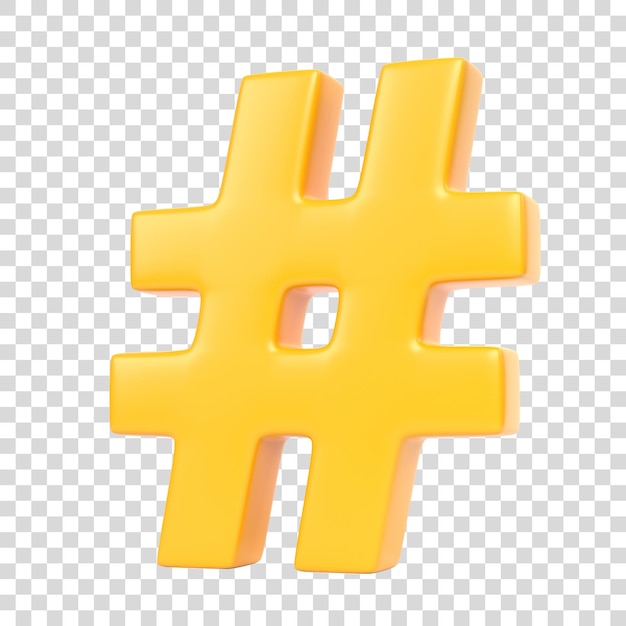 Yellow hashtag symbol isolated on a white background 3D render illustration