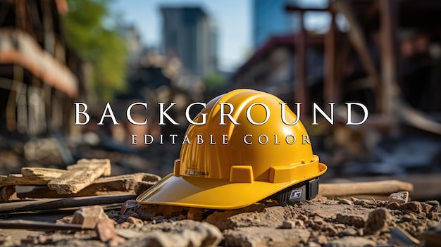 yellow helmet on construction site and excavator background on building construction