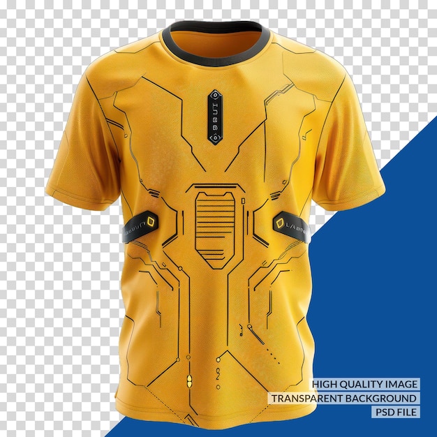 PSD a yellow jersey with a blue background with a design that says quot robot quot on it