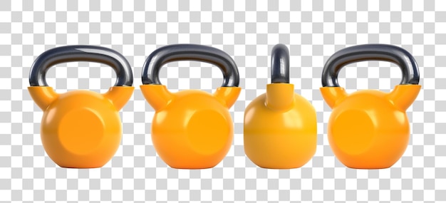 Yellow kettlebells isolated on white background Fitness sport training and lifting concept 3D render