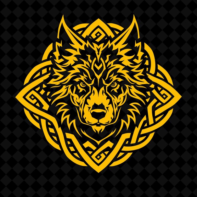 a yellow lion head with a pattern of a wolf on the background