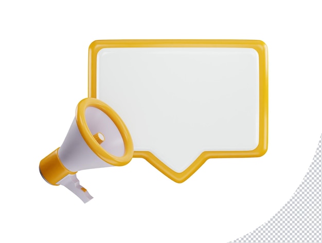 A yellow megaphone with a white background and a white speech bubble icon with 3d vector icon