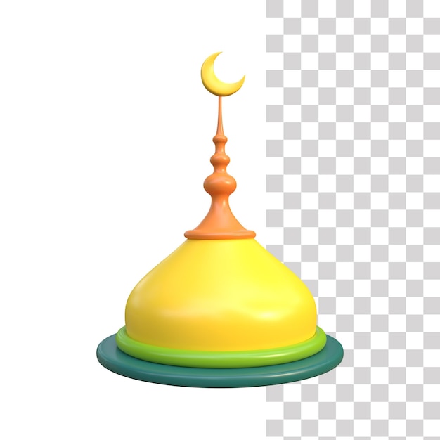 A yellow mosque with a crescent moon on top.