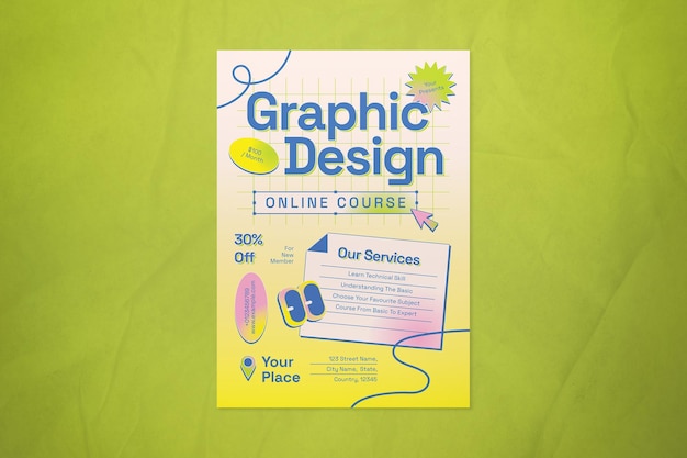 PSD yellow neo brutalism graphic design online course flyer