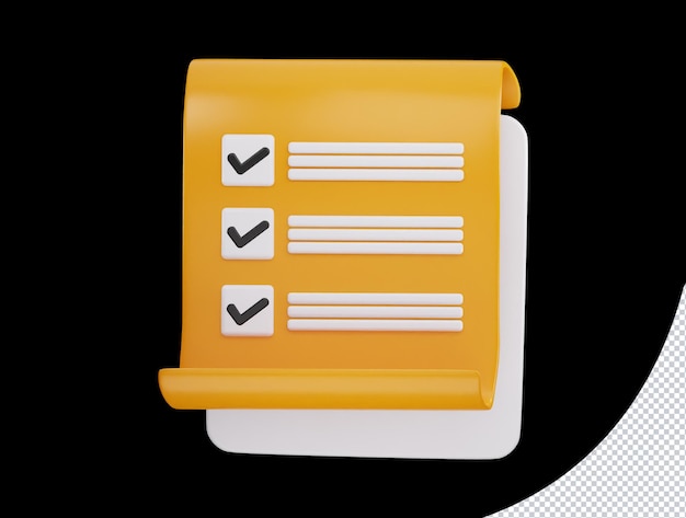 A yellow notepad with check marks on it and a checklist icon on 3d render