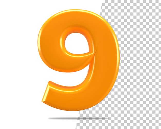 Yellow number 9 with shadow on the white background