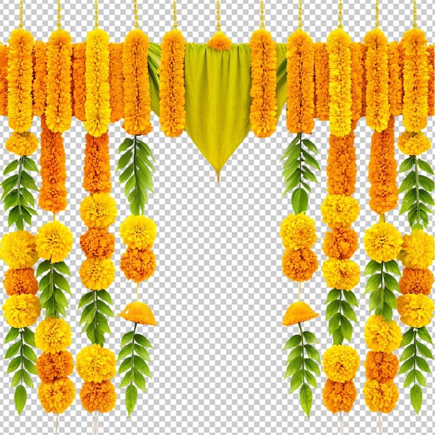 PSD yellow and orange marigold curtain mango leaf on transparent background