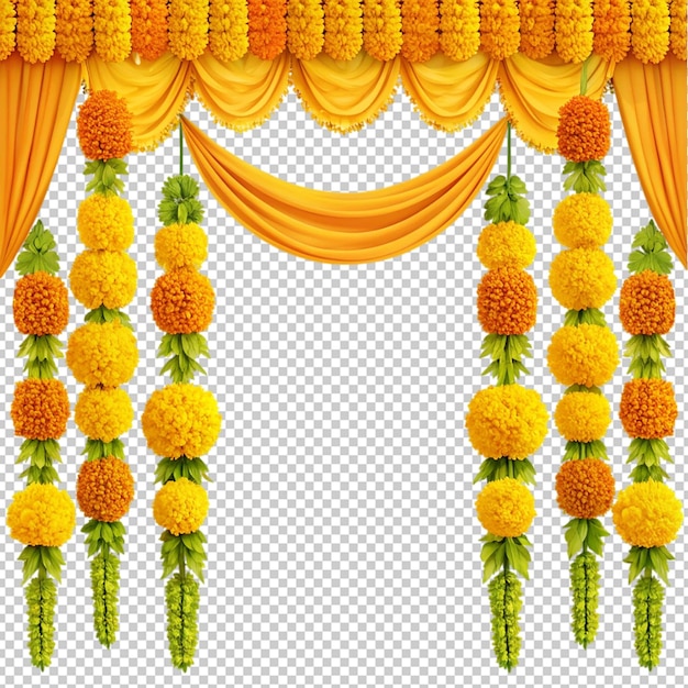 PSD yellow and orange marigold curtain mango leaf on transparent background