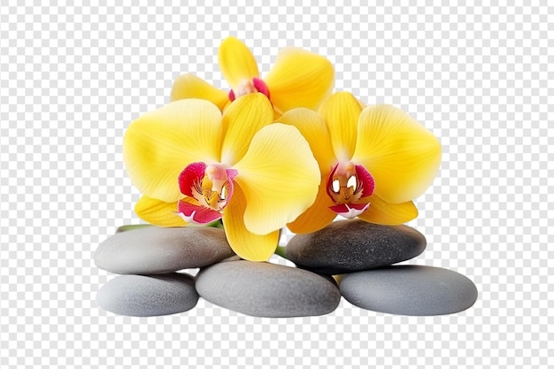 PSD yellow orchids with red centers on smooth grey stones isolated on a transparent background