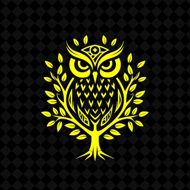 a yellow owl on a black background with a pattern of yellow flowers