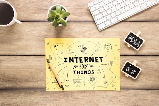 Yellow paper mockup with internet of things concept