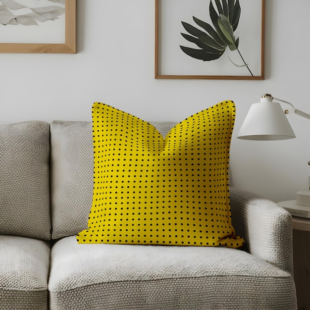 PSD a yellow pillow with black dots on it sits on a couch