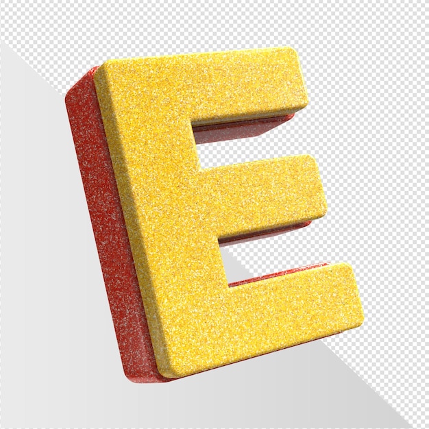 A yellow and red letter e with a yellow glittery texture.