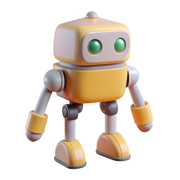 a yellow robot with green eyes and a white background