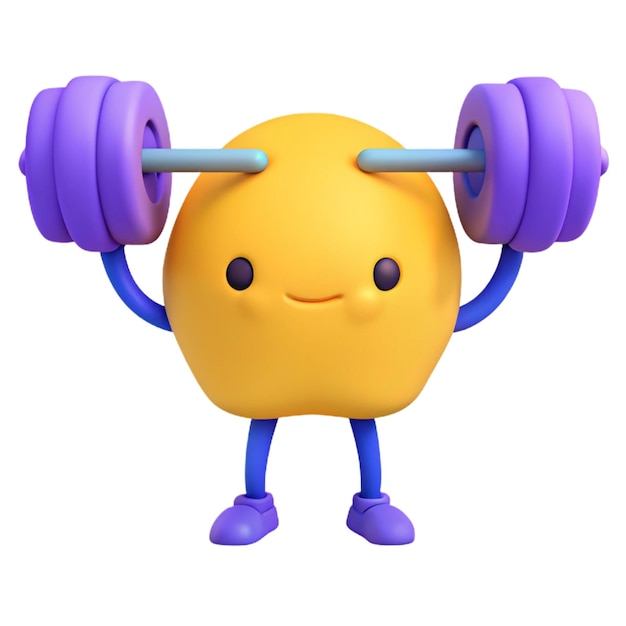 a yellow robot with purple arms holding a purple dumbbell