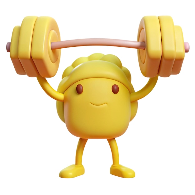 a yellow robot with a yellow hat holding a barbell