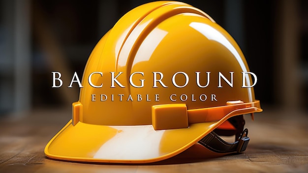 yellow safety helmet or hardhat construction worker is placed on wooden