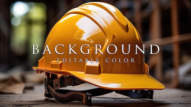 yellow safety helmet or hardhat construction worker is placed on wooden