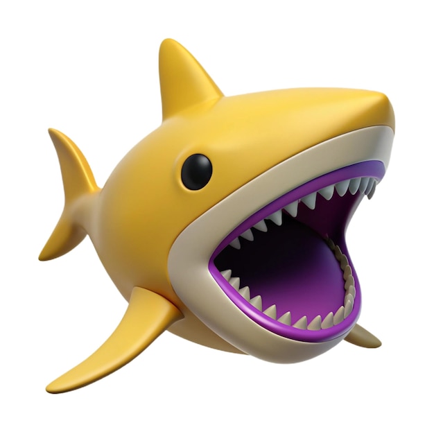 PSD a yellow shark toy with a purple mouth and teeth