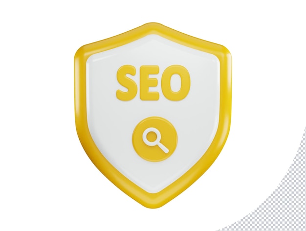 A yellow shield with a magnifying glass in the middle that says seo icon with 3d vector icon