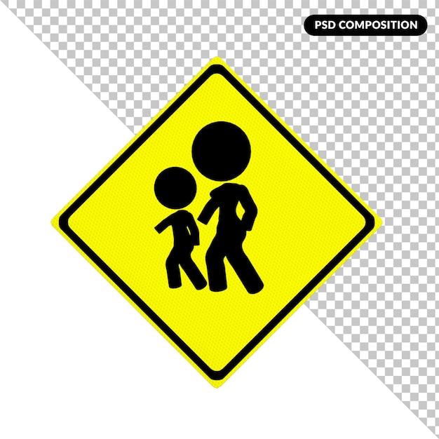 A yellow sign with a silhouette of children and a boy walking on it.